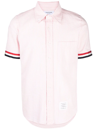 Thom Browne Short Sleeve Grosgrain Cuff Detail Cotton Seersucker Shirt In Light Pink