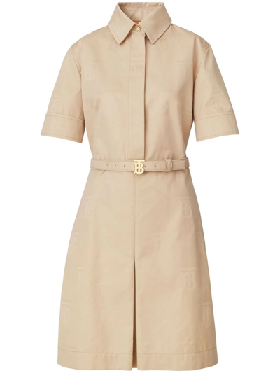 Burberry Gigi Monogram Jacquard Belted Mini Shirtdress In Nude