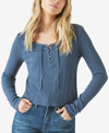 Lucky Brand Ribbed Lace-up Long-sleeve Top In Dark Denim
