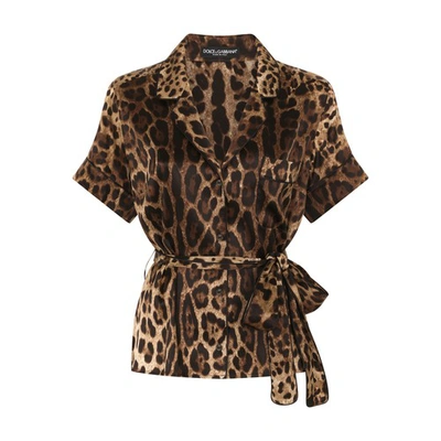 Dolce & Gabbana Belted Silk Shirt In Brown
