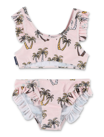 Palm Angels Kids' Palm-tree Print Ruffled Bikini Set In Pink