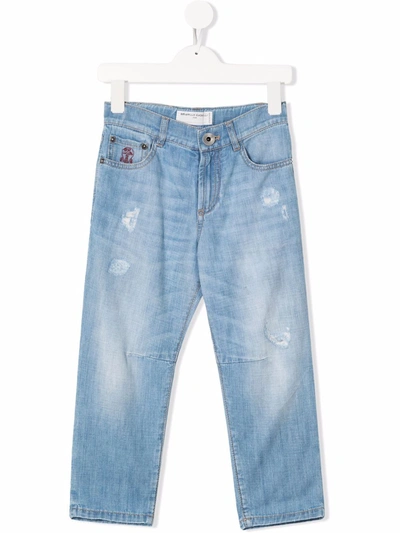 Brunello Cucinelli Kids' Distressed Straight-leg Jeans In Blue