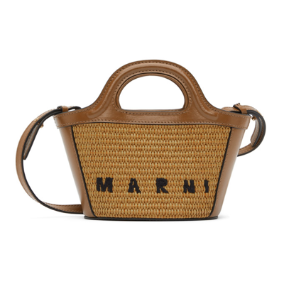 Marni Micro Tropicalia Logo Woven Top Handle Bag In Raw Sienna