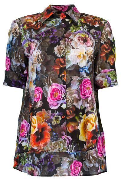 Adam Lippes Short Sleeve Trapeze Top In Printed Voile In Black Floral