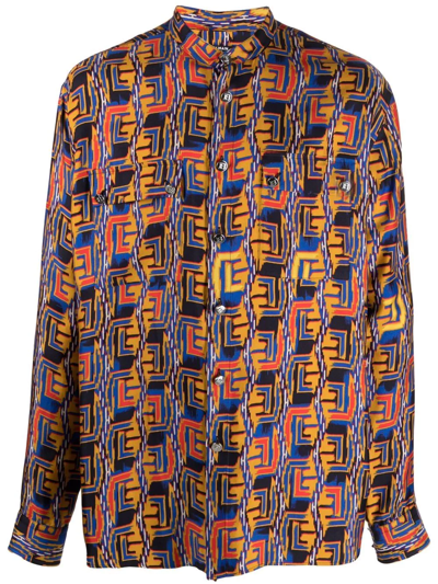 Balmain Band Collar Monogram Print Button-up Silk Shirt In Blue