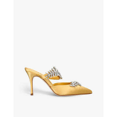 Manolo Blahnik Lurum 90 Crystal-embellished Satin Mules In Yellow