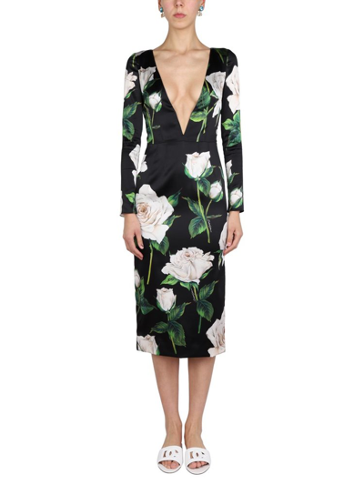Dolce & Gabbana Deep V-neck Cutout Rose-print Midi Dress In Black