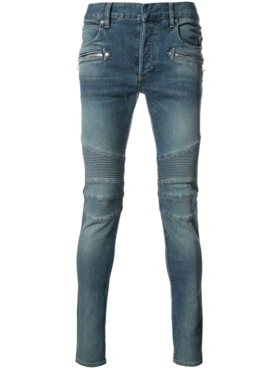 Balmain Distressed Skinny Light-wash Moto Jeans In Blue