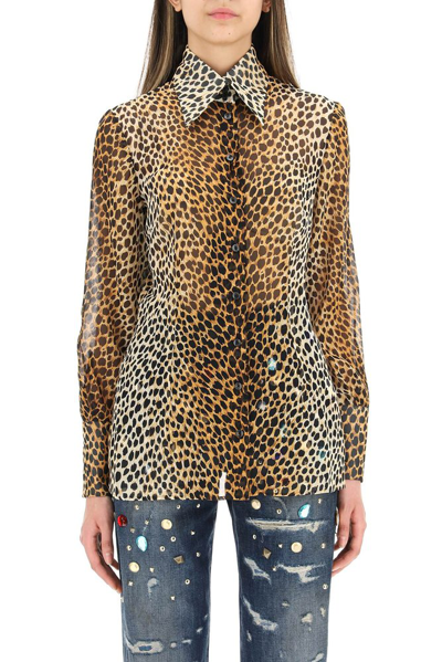 Dolce & Gabbana Leopard-print Silk Georgette Shirt In Brown
