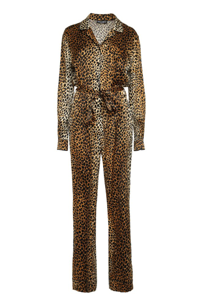 Dolce & Gabbana Belted Satin Jumpsuit With Ocelot Print In Multicolour