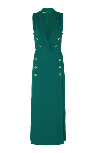 Elie Saab Sleeveless Wrapped Long Crepe Dress W/ Buttons In Green Pattern