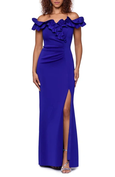 Xscape Ruffled Ruched Scuba Fit & Flare Gown In Mulberry