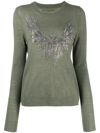 Zadig & Voltaire Miss Crystal Eagle Graphic Cashmere Sweater In Kaki