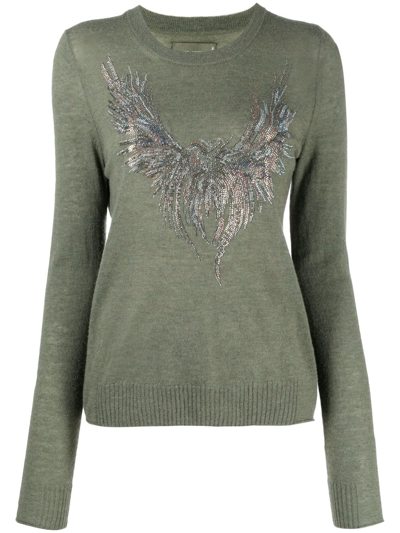 Zadig & Voltaire Miss Crystal Eagle Graphic Cashmere Sweater In Kaki