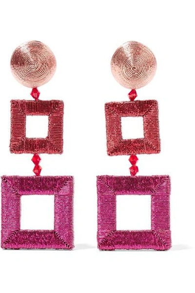 Oscar De La Renta Beaded Silk Clip Earrings In Fuchsia