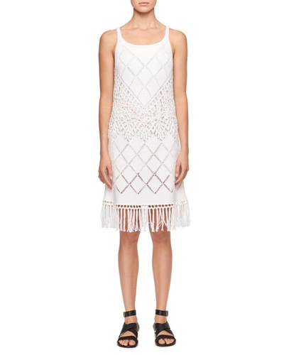 Chloé Sleeveless Scoop-neck Crochet-knit Dress With Fringe-hem In White
