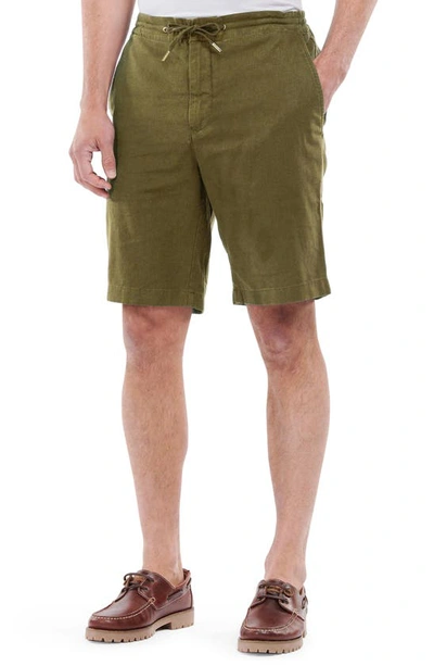 Barbour Linen-cotton Mix Shorts In Military Green