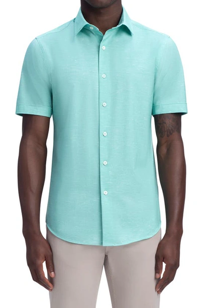 Bugatchi Tech Slub Knit Short Sleeve Stretch Cotton Button-up Shirt In Mint