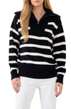 English Factory Stripe Cotton Zip Pullover In Black