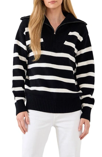 English Factory Stripe Cotton Zip Pullover In Black