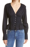 Frame Ruched Button Front Cotton Blouse In Navy