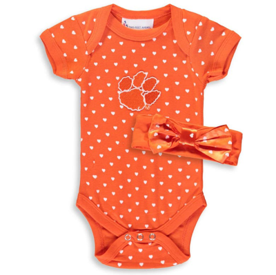 Two Feet Ahead Babies' Girls Newborn & Infant Orange Clemson Tigers Hearts Bodysuit And Headband Set
