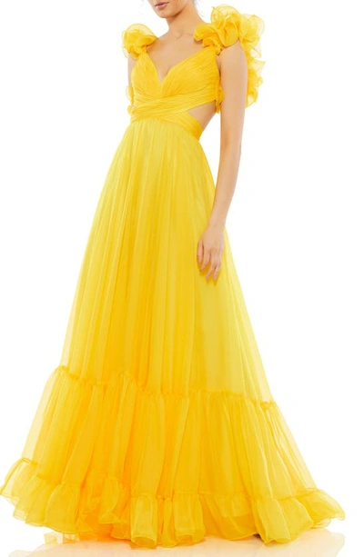 Mac Duggal Rosette Chiffon Cutout Empire Waist Gown In Sunshine