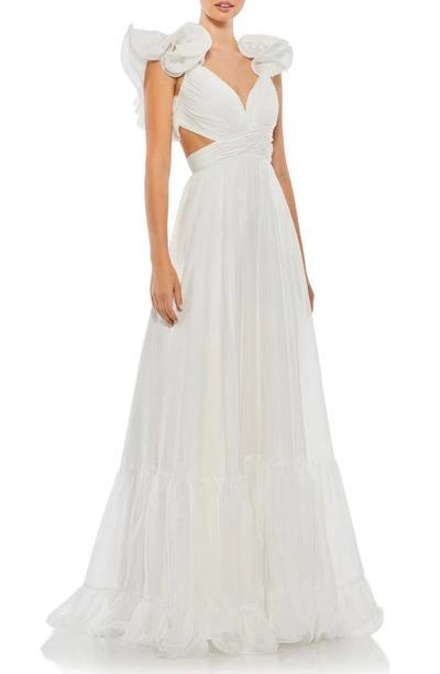 Mac Duggal Rosette Chiffon Cutout Empire Waist Gown In White