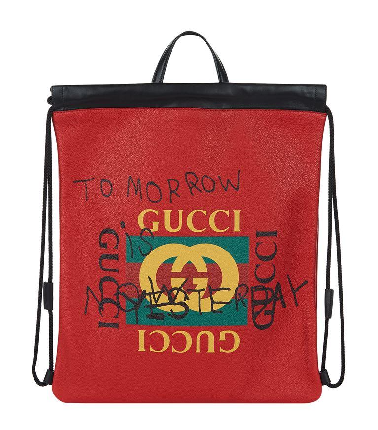  Gucci Slogan  Logo Print Drawstring Bag In Red ModeSens