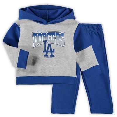 Outerstuff Babies' Infant Boys And Girls Heathered Gray, Royal Los Angeles Dodgers Sideline Fleece Pullover Hoodie And In Heathered Gray,royal