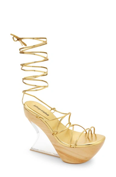 Jeffrey Campbell Droid Ankle Tie Platform Wedge Sandal In Gold