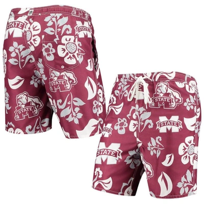 Wes & Willy Maroon Mississippi State Bulldogs Floral Volley Logo Swim Trunks