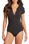 Sea Level Short Sleeve Multifit Front Zip One-piece Swimsuit In Black