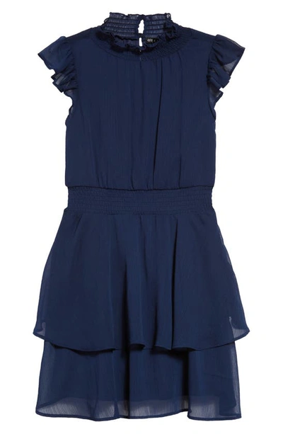 Ava & Yelly Kids' Tiered Ruffle Smocked Mock Neck Dress In Light Navy Blue