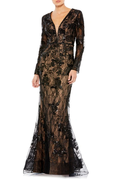 Mac Duggal Embellished Lace Trumpet Dress In Black Nude