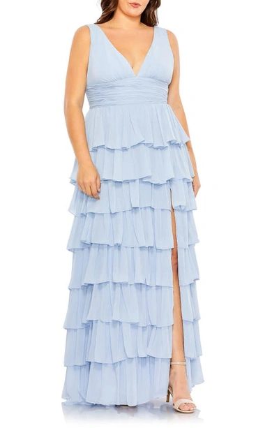 Mac Duggal Ruffle Tiered Sleeveless V Neck Gown (plus) In Powder Blue