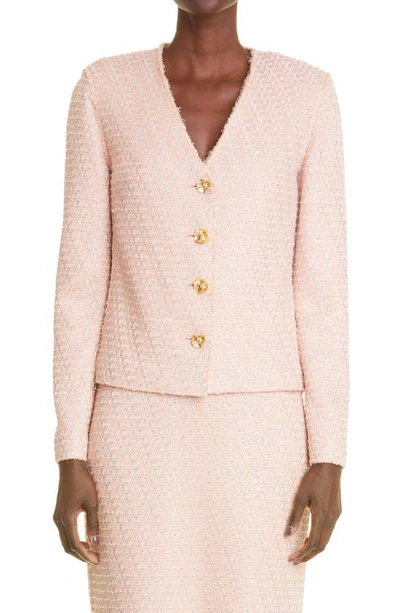 St John Raw Edge Sequin Tweed Knit Jacket In Peach Multi