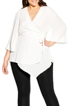 City Chic Shibara Vibes Blouson Sleeve Wrap Top In Ivory