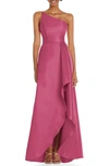 Alfred Sung Draped-front One-shoulder Satin Gown In Pink