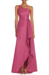 Alfred Sung Draped-front One-shoulder Satin Gown In Tea Rose
