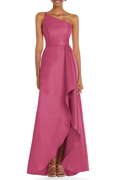 Alfred Sung Draped-front One-shoulder Satin Gown In Tea Rose
