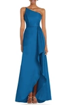 Alfred Sung Draped-front One-shoulder Satin Gown In Classic Blue