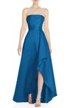 Alfred Sung Strapless Satin Gown In Classic Blue