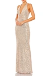 Mac Duggal Metallic Halter Gown In Rose Gold