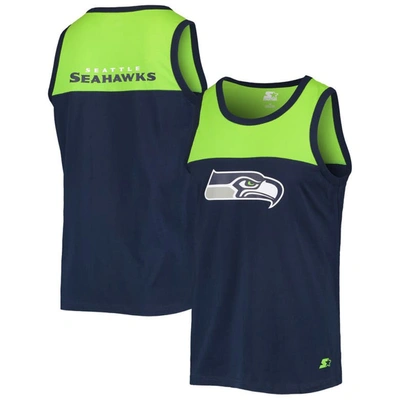 Starter Men's  College Navy, Neon Green Seattle Seahawks Team Touchdown Fashion Tank Top In Navy,neon Green