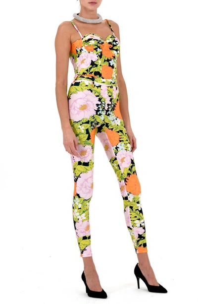 Richard Quinn Floral Print Corset Bodice Jumpsuit In Orange Pastel