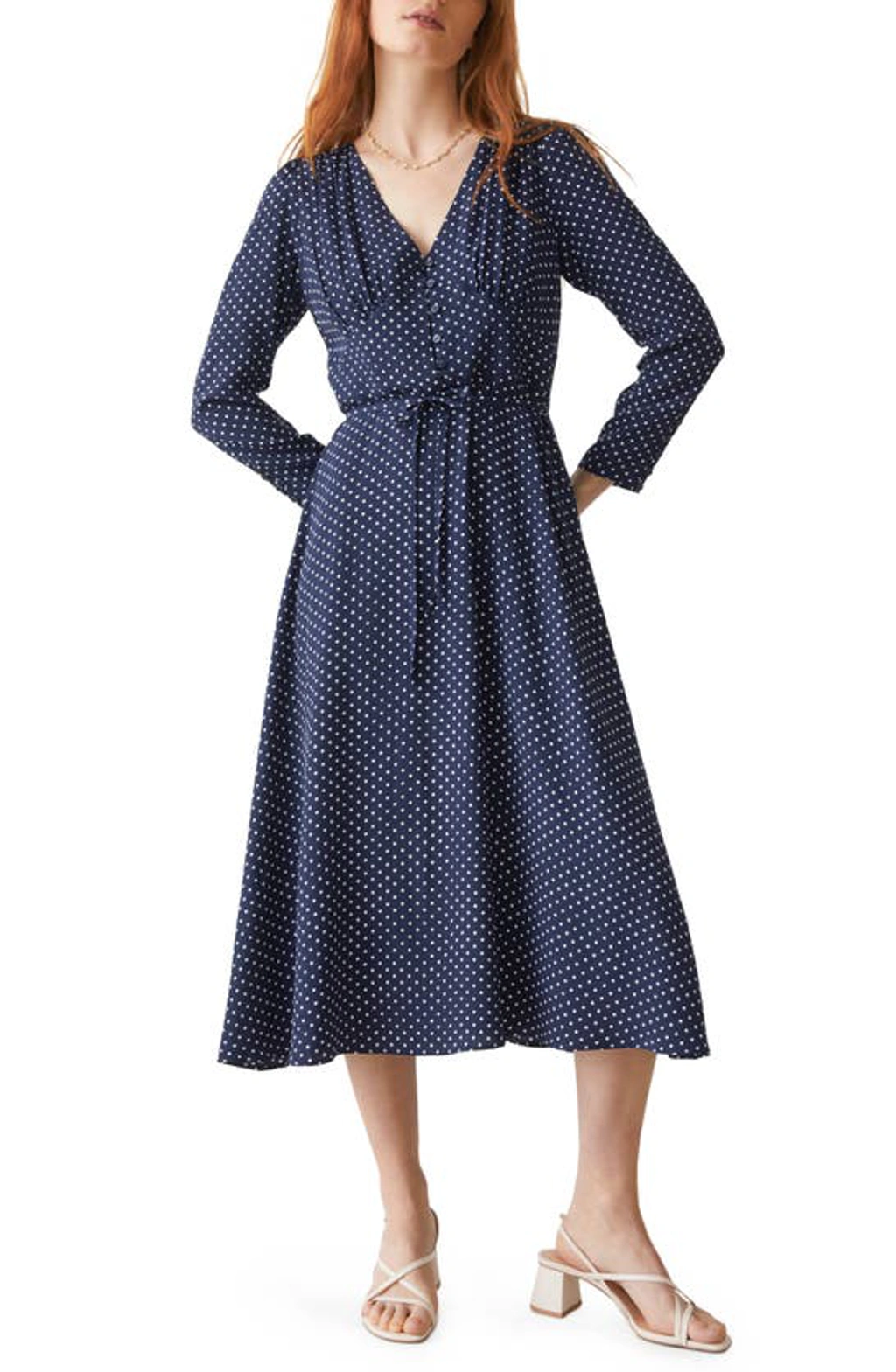 and other stories polka dot midi dress & Other Stories Polka Dot Fluid Long Sleeve Midi Dress In Dk Navy Dot Aop