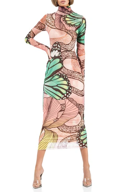 Afrm Shailene Long Sleeve Mesh Midi Dress In Green Butterfly Sub | ModeSens