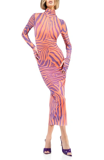 Afrm Shailene Long Sleeve Mesh Midi Dress In Orange Zebra