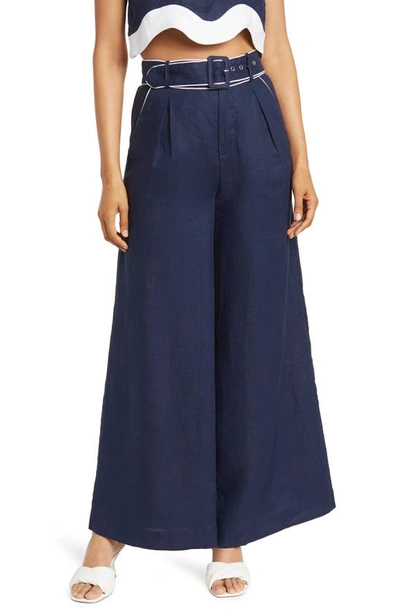 Staud Eris Belted Wide Leg Linen Trousers In Navy/ White